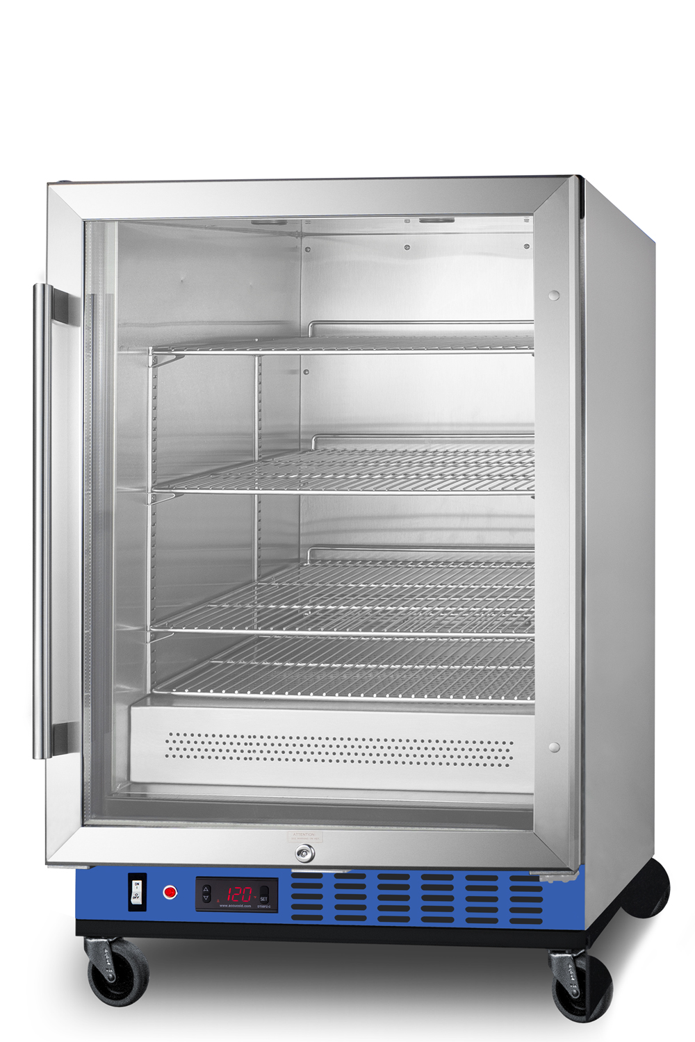 Undercounter single chamber passive heating blanket warmer with glass door, stainless steel interior and exterior, digital thermostat, and lock
